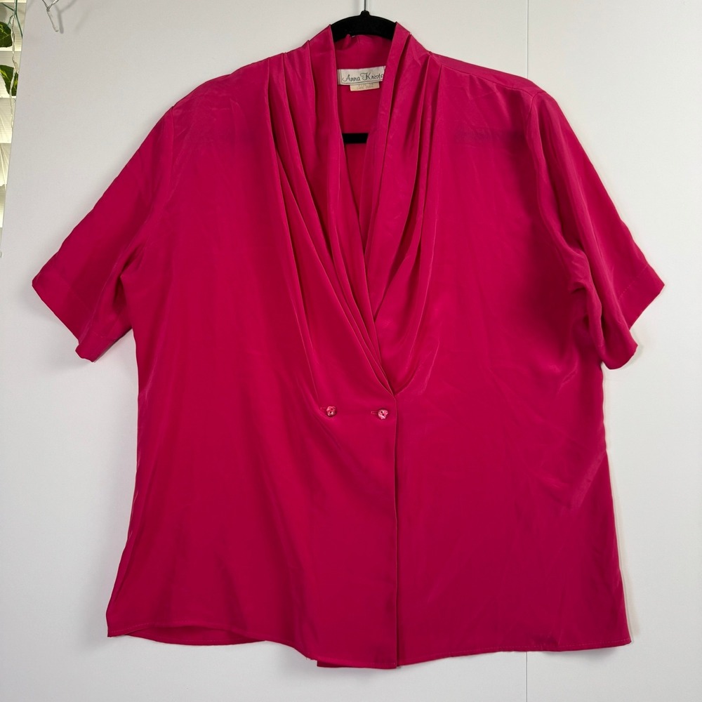 Vintage Anna Kriste Hot Pink Draped Shawl Collar Blouse Short Sleeve USA Made 14